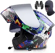 Bluetooth Modular Motorcycle Helmet DOT/ECE Approved Full Face Flip Up Anti-Fog Double Visor Helmet Built-in Dual Speaker with Microphone for Adult