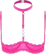 [YiZYiF] Womens Sheer Lace Lingerie 1/4 Cups Bare Exposed Breast Underwire Push Up Bra Tops Clubwear