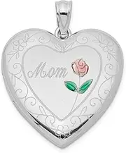 [JewelryWeb] 925 Sterling Silver Patterned Engravable Holds 2 photos Polished and satin 24mm Enameled Sparkle Cut Mom Love Heart Locket