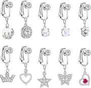 [TJCGCKK] 10 Pcs Clip on Belly Button Rings for Women Girls Fake Dangling Belly Ring Non Piercing Stainless Steel Navel Rings Body Jewelry