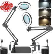 2-in-1 LED Magnifying Glass 15X/10X w Stand & Clamp, 3 Modes Dimmable Desk Lamp