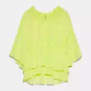 BNWT ZARA NEON YELLOW LIME SHEER CHIFFON TUNIC TOP BLOUSE FRILL TIE NECK MEDIUM