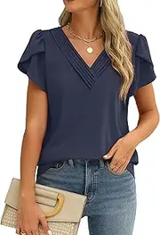 [Fayenne] Womens Tops Dressy Casual V Neck Ruffle Short Sleeve Blouse Business Casual Tops Chiffon Flowy Shirt Cute Summer Tops
