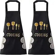 2 Pack Kitchen Cooking Aprons, Big Pocket Adjustable Bib Soft Chef Apron 2 Pockets Chef Aprons for Cooking Baking for Men WomenApron for Restaurant with Adjustable Neck Strap (Black)