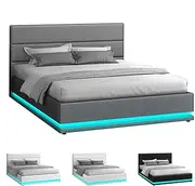 ALFORDSON Bed Frame Double Size with LED Light & Gas Lift Storage Base, Bed Platform Foundation with Linen Fabric Tufted Headboard for Mattress Topper, Max 320kg, Bertold Fabric Grey
