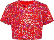 [Aislor] Kids Girls Cheerleading Dance Performance Costume Round Neck Short Sleeve Metallic Leopard Print T-Shirt Crop Top