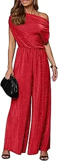 [YMDUCH] Women's Casual Off Shoulder Short Sleeve Wide Leg Long Pant Elegant Sparkly Party Jumpsuit Red Sparkly