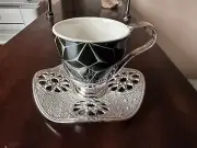 Elegant Busem Tea Cup Set - Porcelain and Silver with Silver Colored Plate