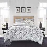 [Laura Ashley] Queen Comforter Set, Reversible Cotton Bedding, Includes Matching Shams with Bonus Euro Shams & Throw Pillows (Amberley Black/White, Queen)