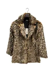ZARA sz L FAUX FUR COAT ANIMAL PRINT LYNX LEOPARD COLLARED WINTER MID LENGTH NEW