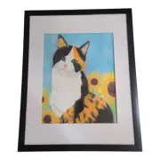 Calico Cat Original Art Signed Pencil Kitten Sunflower Framed 11×14 Gift