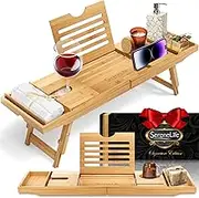 SereneLife Bath Caddy Breakfast Tray Combo with Gift Box-Natural Bamboo Wood Waterproof Bath Tub Caddy and Bed Tray with Folding Slide-Out Arms,Device Grooves,Wine Glass and Soap Holder