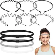 Healeved 6pcs Unisex Metal Headband and 4pcs Sport Head Band,Wavy Hair Band,Metal Hair Band for Men Women,Non Slip Head Bands,Black Wavy Spring Headband,Men Sports Headbands Soccer Headbands