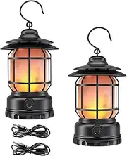 Clearhill 2PACK Rechargeable Camping Lantern, Flame Decorative Table Lamp, 2 Modes LED Light with Hook,Dimmable Vintage Style,Portable Waterproof Camping Light for Indoor/Outdoor Use