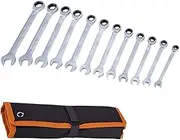 Leona Co Combination Wrench Set, Metric, 12-Piece, Ratchet Spanner Hand Tool Kit with Rolling Pouch, 8mm to 22mm, CR-V Steel