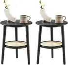 round Side Table Set of 2 with Storage, Black Rattan Nightstand Bedside Table, S