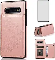 [Asuwish] Phone Case for Samsung Galaxy S10 with Tempered Glass Screen Protector and Wallet Cover Flip Credit Card Holder Stand Cell Accessories Glaxay S 10 Edge Gaxaly 10S GS10 X10 Women Men Rose Gold