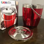 New In Box Casamoda MCM Vintage Retro Red/Metal Ice Bucket & Lid with Handle