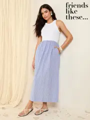 Friends Like These Blue Stripe 2 in 1 Cotton Mix Stripe Midi Dress (F20071) | $90