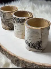 Set Of 3 Glass TeaLight Votive Candle Holders With Bark 2.5” Rustic Decor