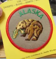 Alaska Grizzly Bear w/ Salmon iron on style colorful embroidered patch 3 in, NEW