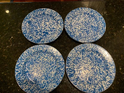 4 Vintage 10 1/4” blue spatterware graniteware enamel dinner plates NOS