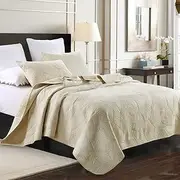 Luxury Quilted 100% Cotton Bedspread Coverlet Set Quilt for King Super King Size Bed 250x270cm Palm Leaves Cream