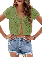 [LANYO LILI] Women's Summer Short Sleeve Crochet Shrug Tie Front Open Knit Cropped Cardigan Lightweight Bolero Sweater Cover Up