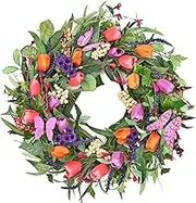Waipfaru Spring Decorations, 22in Spring Wreath, Spring Summer Wreaths for Front Door, Tulip Wreath with Butterflies Decorations, Purple Tassels, Eucalyptus Leaves, Spring Decor for Home