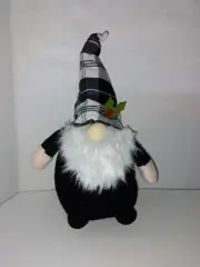 Black & White Holiday Plush Gnome with Plaid Tartan Hat 15” New Weighted Bottom