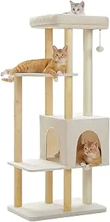 PAWZ Road Modern Cat Tree, 135cm Wooden Cat Tower with Large Top Perch, Spacious Condo, 8 Natural Wood Post and 2 Sisal Covered Scratching Post, Multi-Level Cat Furniture for Indoor Large Cats, Beige
