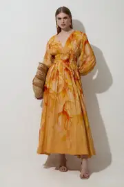 Ombre Floral Silk Cotton Plunge Maxi Dress