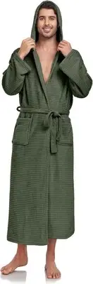 Mens Fleece Robe Hooded Plush Full Length Plush Bathrobe Warm House Robe