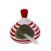 Monchoix Mini Red & White Ceramic Salt Pig / Spice Cellar with Spoon