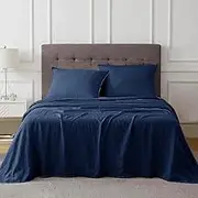 Talasily Linen Sheets California King Linen Bed Sheet, 4 Piece Linen Cotton Sheets California King Size Set, Linen Cotton Blend Sheets for All Seasons-Deep Pockets, (California King, Navy Blue)