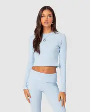 EDIKTED Womens Coffee Break Ribbed Top LIGHT-BLUE