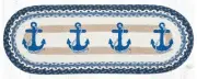 Braided Jute Hand Stenciled Oval Table Runner. Earth Rugs. NAVY ANCHOR. 13"X36"