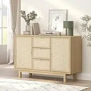 Merryluk Rattan Buffet Sideboard Cabinets with 2 Doors and 3 Drawers, Light Oak, 120 cm,