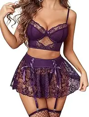 [Avidlove] Lingerie Set for Women 3Pcs Bralette and Panty with Lace Skirt Sexy Garter Set (No Stockings) S-XXL
