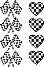 8pcs Checkered Racing Flag Patches, Racing Flag Heart Embroidered Patches Classic Black White Decorative Iron On Patches for Clothes Jeans, Hats, Backpacks, Pants