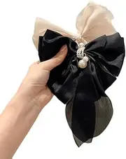 aoozleny 2Pcs Pearl Hair Bows for Women, Oversized Long Tail Hair Ribbons, Organza Large Bow Hair Clip with Spring Clip Metal Clips Bowknot Hair Accessories (BlackWhite-Satin yarn)