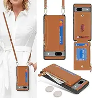 [Cavor] for Google Pixel 7a Case Wallet with Strap, Pixel 7a Leather Zipper Pocket Card Holder Case - Brown