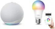 Echo (4th Gen) | Glacier White + TP-Link Tapo L530E Multicolor 806 lumens E27 Smart Bulb