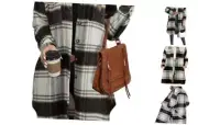 Plaid Shacket Jacket Women Button Down Long Flannel Small Black & White Plaid