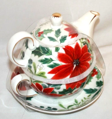 Grace Teaware Poinsettia & Holly Berries Porcelain Teapot Service for One New