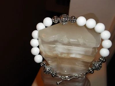 MEN/WOMEN HANDMADE 9" 10 MM WHITE AGATE ONYX BEADED BRACELET