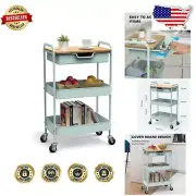 3 Tier Metal Rolling Cart with Drawer & Locking Wheels for Versatile Storage