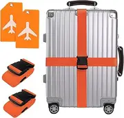 [Fuyfyre] 4Pcs Luggage Strap Set, 2 Adjustable Straps + 2 Name Tags, Heavy Duty Suitcase Accessories Non-Slip Packing Belts Adjustable Luggage Straps for Travel Suitcase Security (Orange)