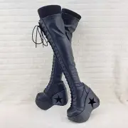 Dynamite 300 Platform 5" Star Heel Stretch Goth Punk Thigh Boots Black Matte NY