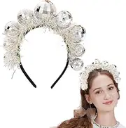 Disco Headband,Disco Ball Hair Loop Glitter Ball Headband Mini Disco Balls Accessories Vintage Headband for Women Girls (Silvery, One Size)
